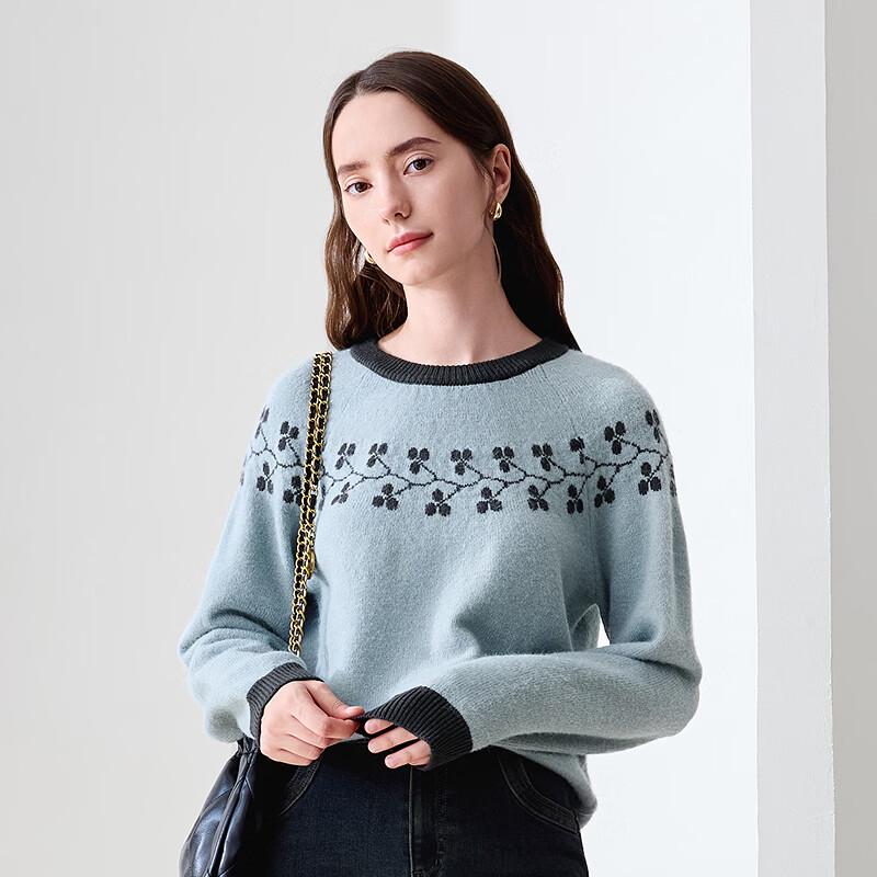 Betu Women's Winter Color Block Jacquard Round Neck Sweater