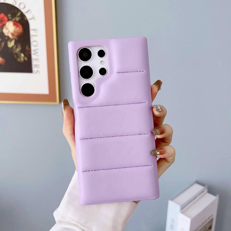 

Luxury Solid Color Matte Leather Down Jacket Hard PC+Soft TPU Phone Case For Samsung S24 Ultra S23 Ultra Plus Bumper Back Cover Galaxy S24 фіолетовий
