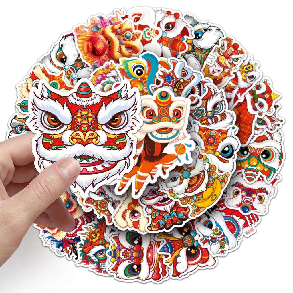 50 Lion Dance Graffiti Personalized Chinese Style National Trend Guka Creative Decorative Water Cup Mobile Phone Case Suitcase Stickers