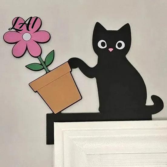 Wooden Animal Wall Art Cartoon Cat Door Frame Pendant Cute Black Corner Decorative Sticker Decoration for Photo Frames And Cabinets Funny Topper