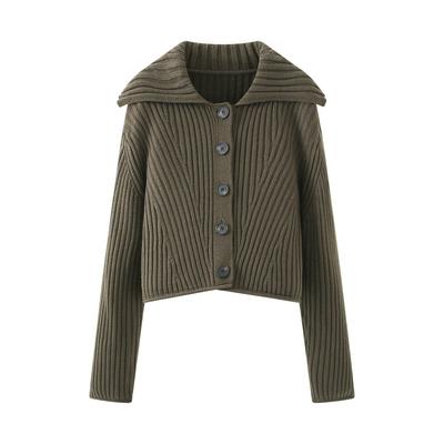 European and American Style, New Women's Clothing, Foreign Style Fashionable Ribbed Button Lapel Long-sleeved Knitted Jacket