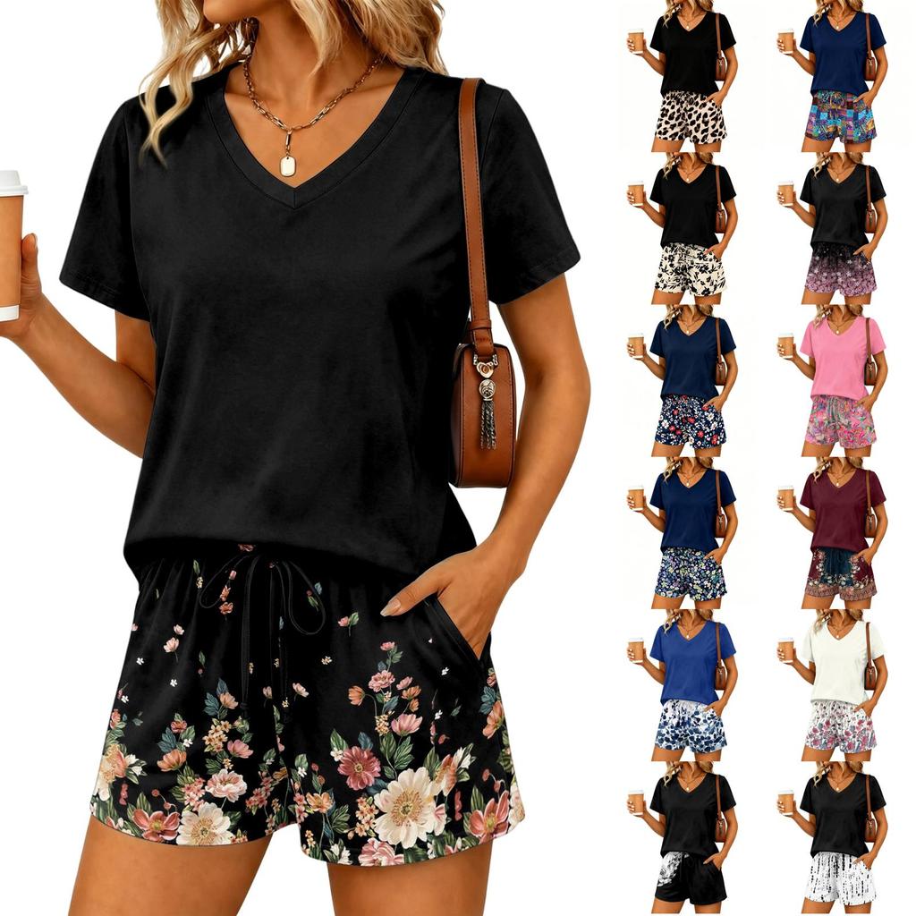Women's Two Piece Set V Neck Short Sleeve Top and Floral Print Shorts Casual Lounge Wear Summer Outfit