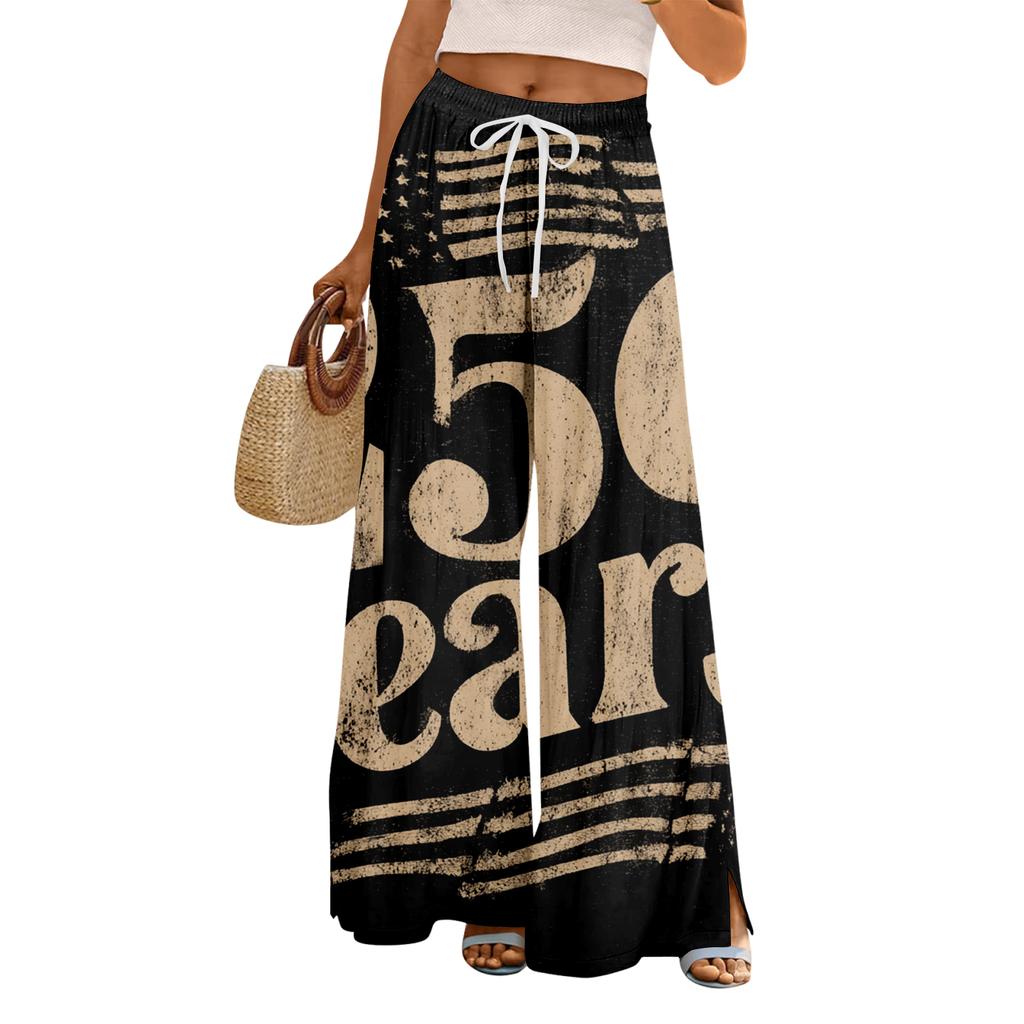 Women Summer Boho Palazzo Pants High Waist Wide Leg Floral Printing Casual Trousers With Pockets