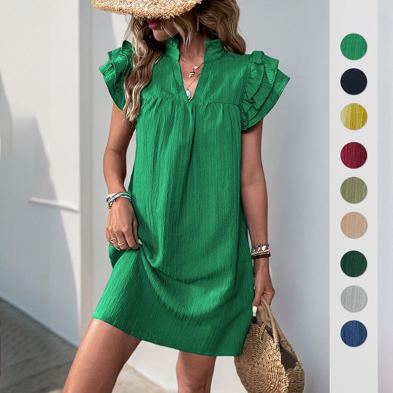 Summer Style Loose Straight Dress - Casual Vacation Stand Collar Solid Color European and American Fashion