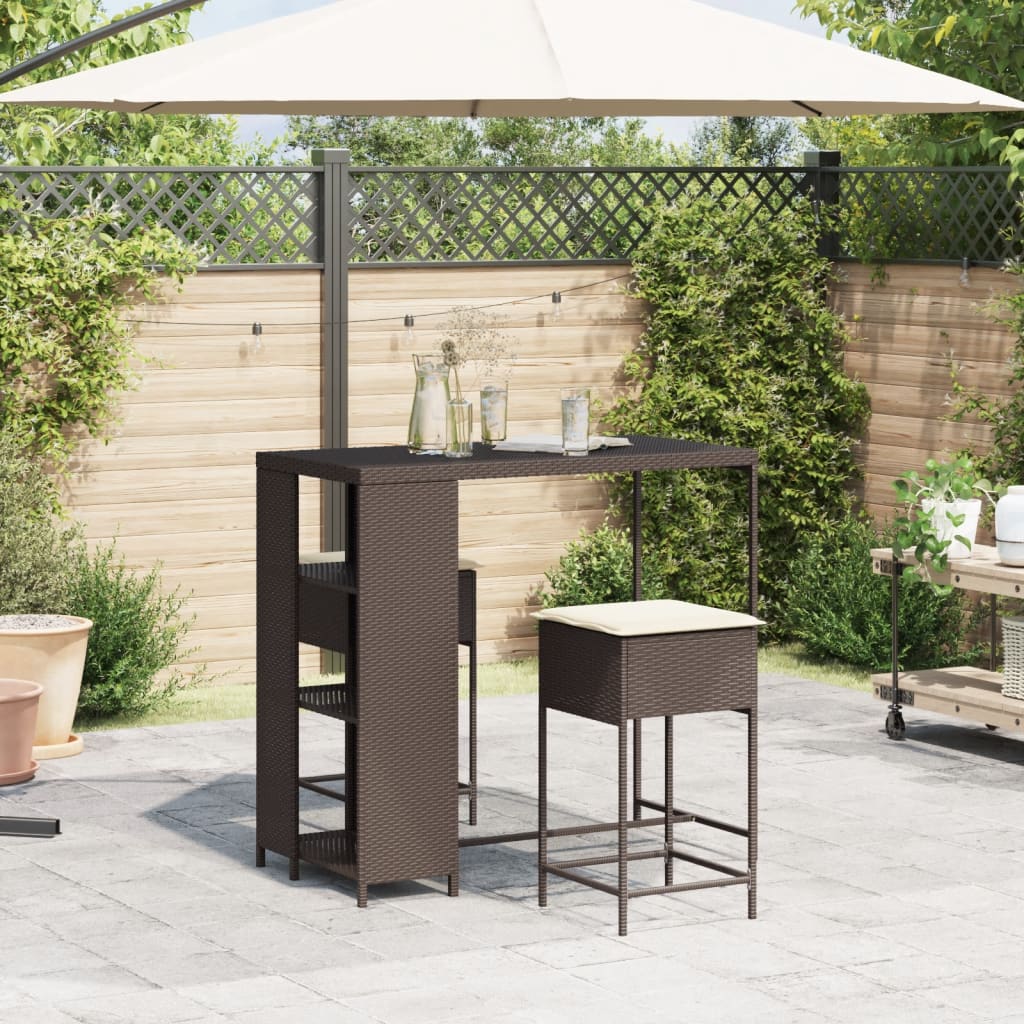 3 Piece Garden Bar Set with Cushions Brown Poly Rattan