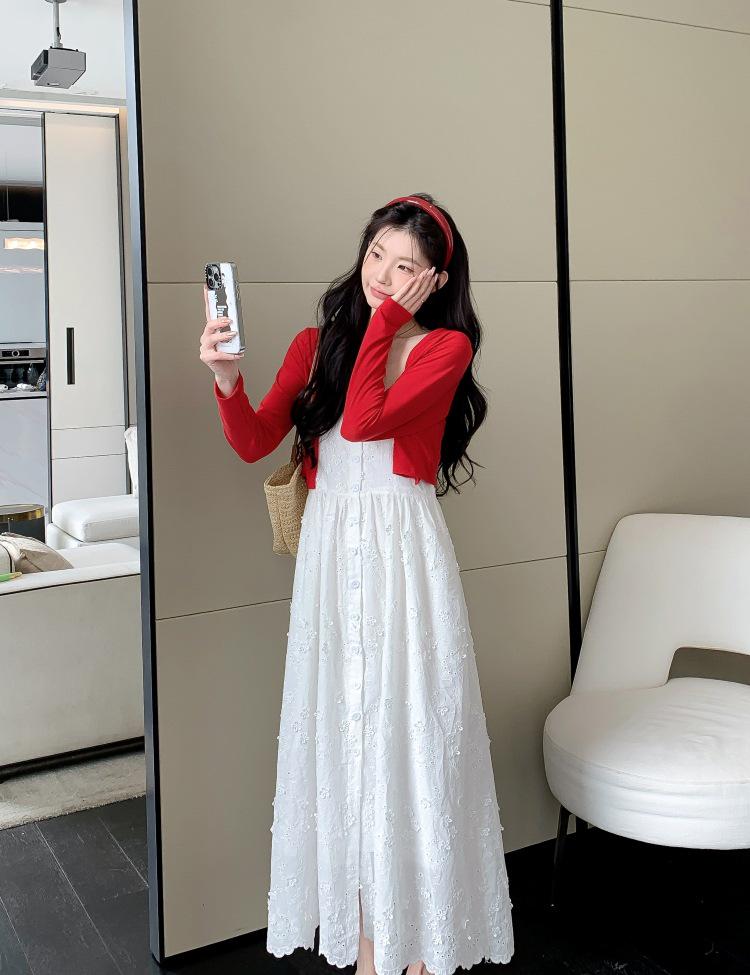 

2026 Summer Sweet & Stylish Maternity Two-Piece: Long-Sleeve Cardigan + High-Waisted Hollow Camisole Dress M