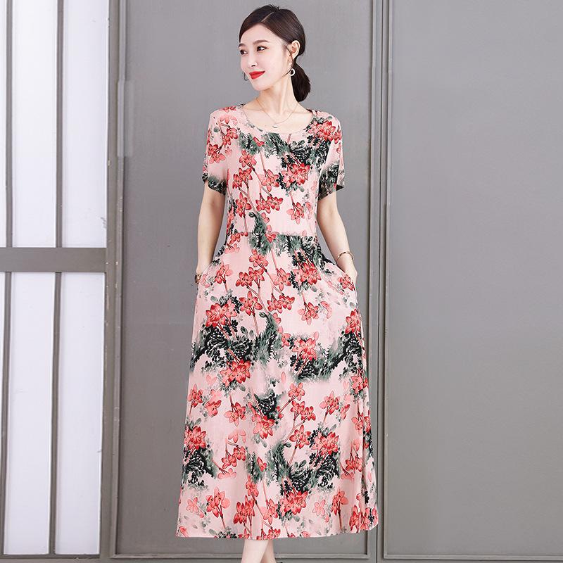 2023 Plus Size Floral Summer Cotton Dress for Middle-Aged Women