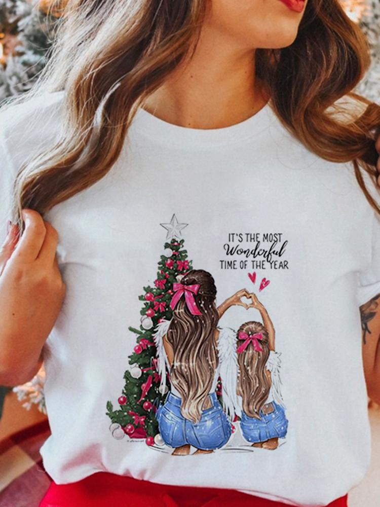 Women's Tops Christmas Short Sleeve Tees Female Summer Beach Funny Cartoon Santa Reindeer Printed T-Shirt Regular Graphic Female