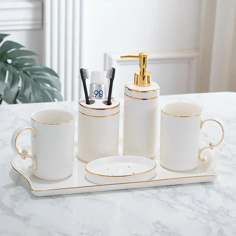 Gilded Ceramic Bathroom Accessories Set Portable Soap Dispenser Mouth Cup Toothbrush Holder Soap Dish Tray Bathroom Supplies