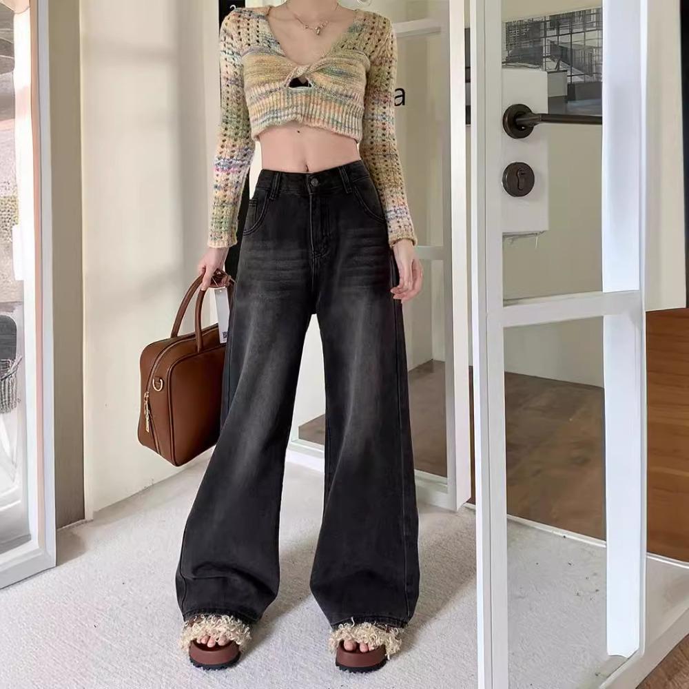 Women's High Waist Straight Leg Jeans Loose Wide Leg Pants Vintage Black Stretch Plus Size Floor Trousers