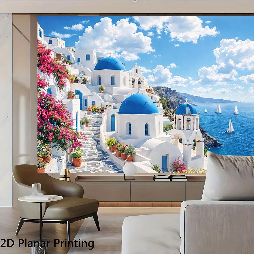 1 Piece of 2D Flat Banner As Background, Depicting the White Town of Santorini, with Decorative Banners On the wallsDJH