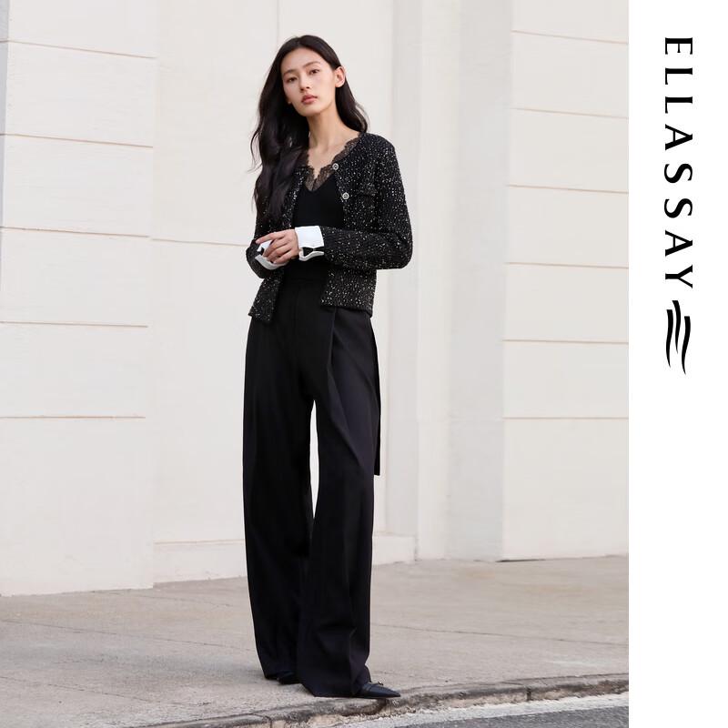 ELLASSAY 2025 Autumn Women's 100% Merino Wool Lace Trim V-Neck Knit Sweater