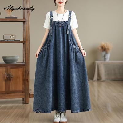 Large Size Spring Autumn Women Denim Sundress Spaghetti Strap Blue Oversized Sleeveless Dress Casual Brief Ladies' Plus Size Dress With Pockets