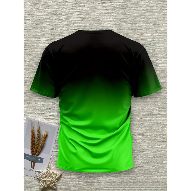 Men's 3D Gradient Solid Color Print T-shirt - Short-sleeved Breathable Polyester Round Neck Casual Streetwear Top