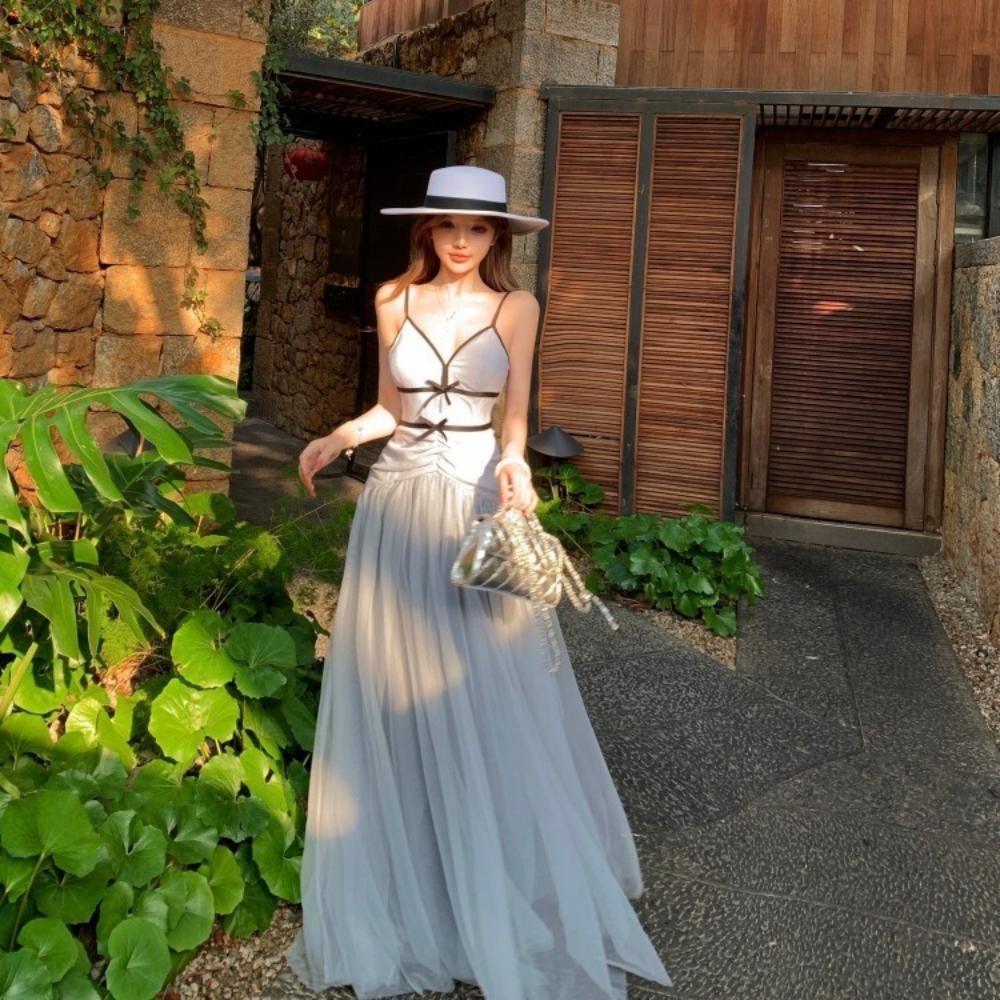 Women's Mesh Strapless Dress 2026 Spring Summer New Arrival V-neck Bowknot Deco Long Maxi Dresses Female