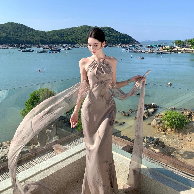 Floating in The World, Dye Rhyme Fairy, Plant Dye Extension Printing Dress, Early Summer Backless Long Dress, Female New S