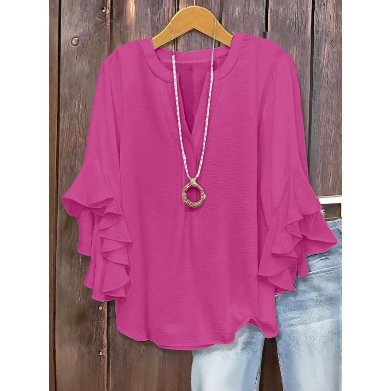 Fashion V-neck Loose Women Blouse Casual Plus Size Ruffled Seven Quarter Sleeve Shirt Spring Autumn Solid Color Sweet Simple Sweet Women's Clothing