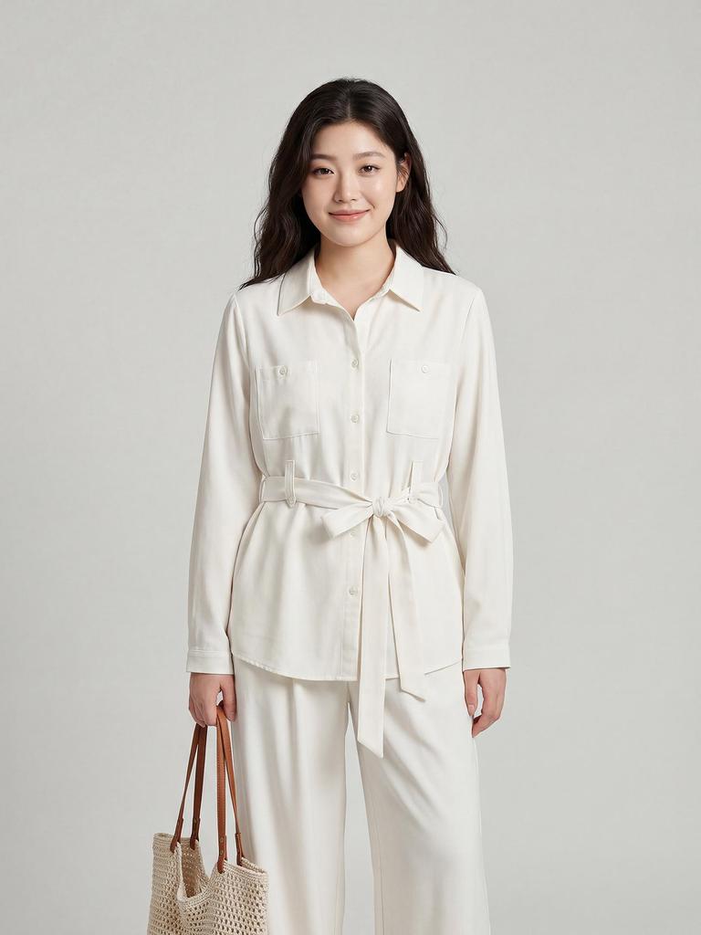 Plus Size Spring Slimming Two-Piece Set: Long Sleeve Lapel Top & High Waist Wide Leg Pants