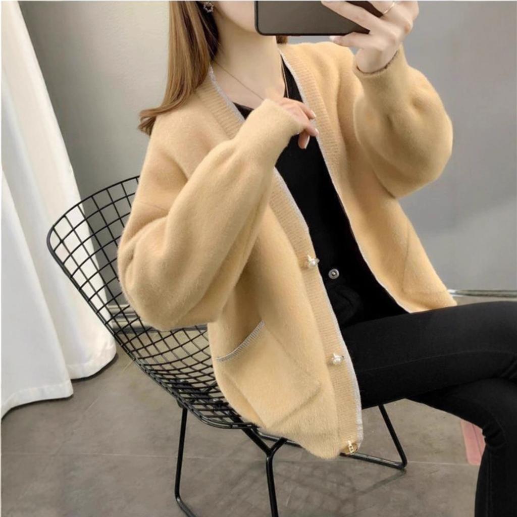 Autumn and Winter Solid Color Knitted Women's Imitation Mink Fleece Cardigan Sweater Women's New Thickened Loose Coat Top