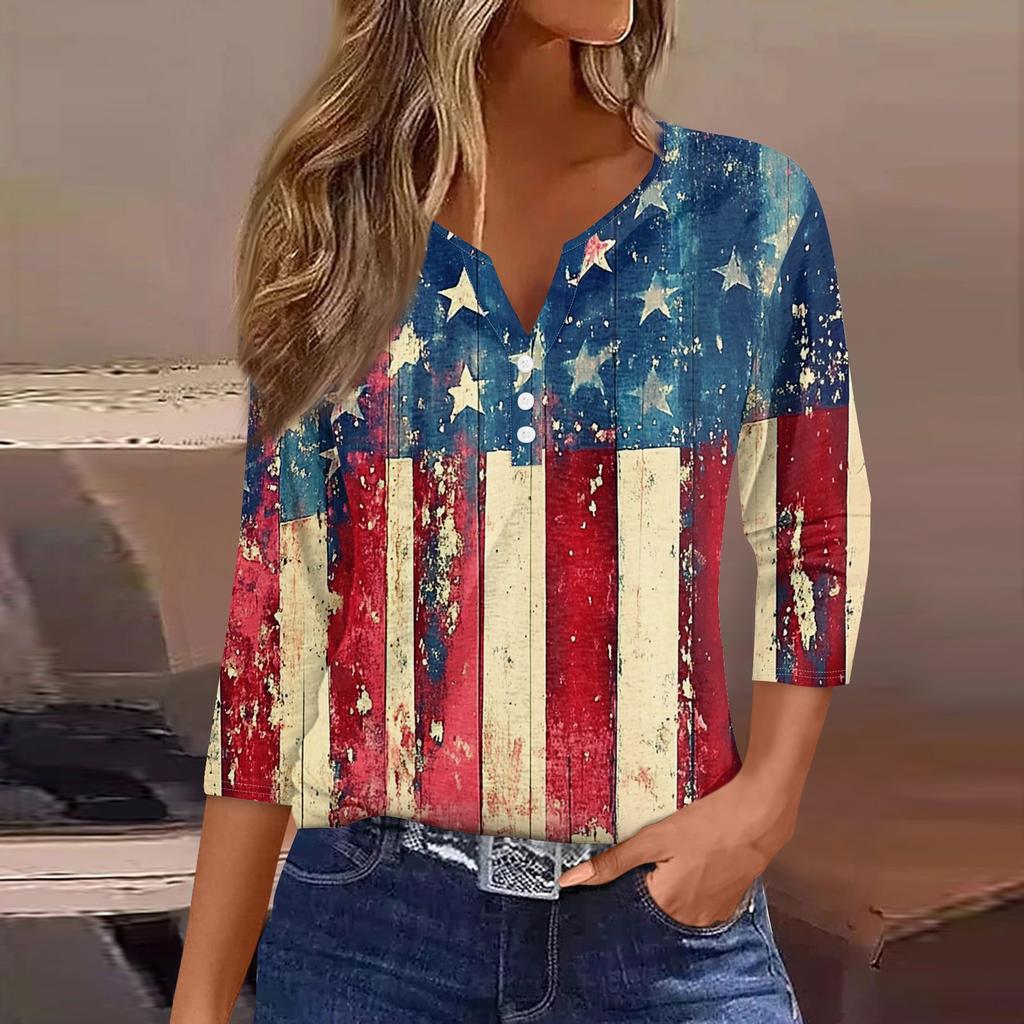 Women's T Shirt Tee Print Button 3/4 SleeveDaily Weekend Fashion Basic V- Neck Regular Top