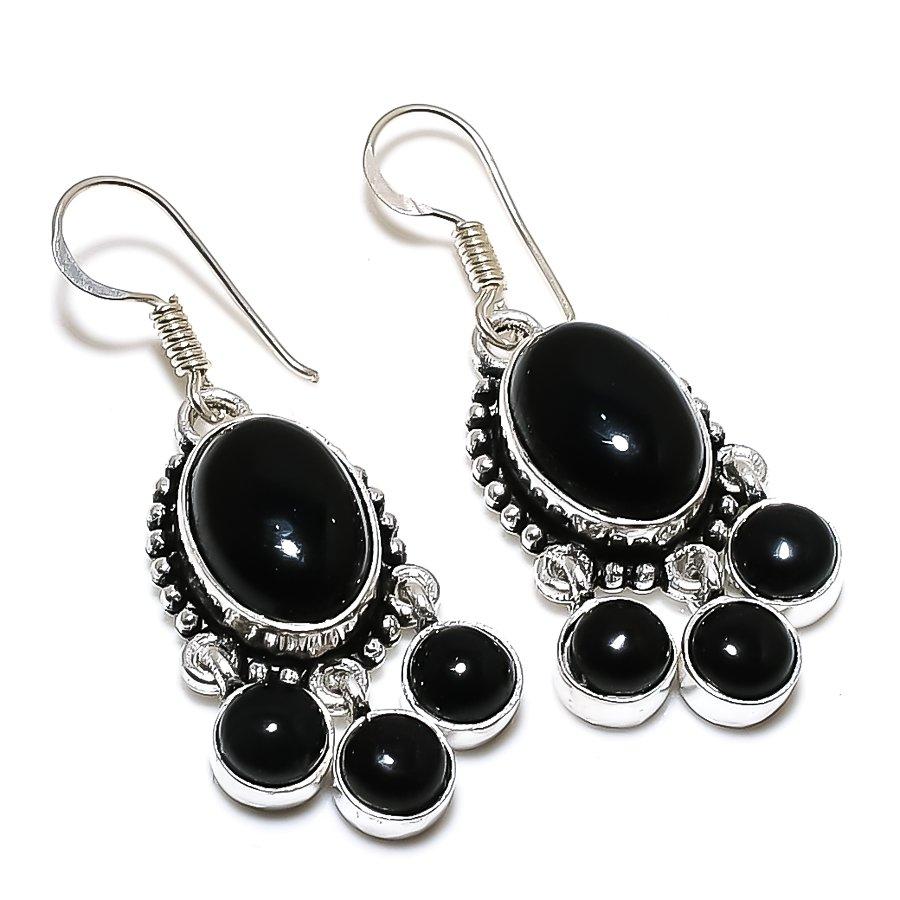 

Этнические ювелирные серьги ручной работы с черным ониксом и драгоценным камнем 1,85 дюйма VR-4109