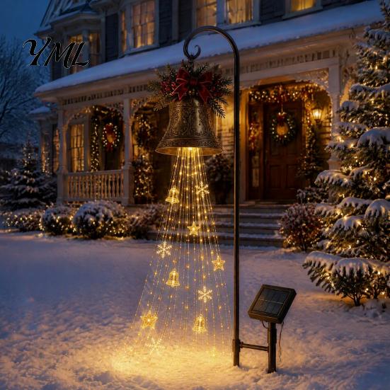 Eisenkunst Feiertagsdekorationen Solar-Weihnachtsglocke Wasserfalllicht, LED-Metall-Gartenstecker mit rotem Band, Warmweiß Festliche Hofdekoration Automatisches Ein-/Ausschalten,