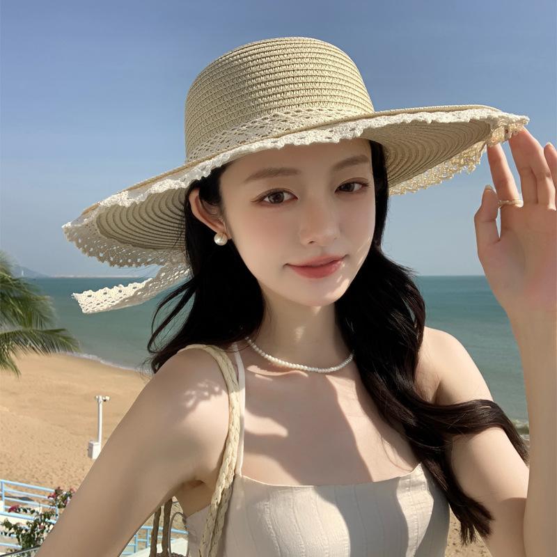 New Hat Women's French Lace Bow Woven Straw Hat Summer Seaside Vacation Big Brim Sun Protection Hat