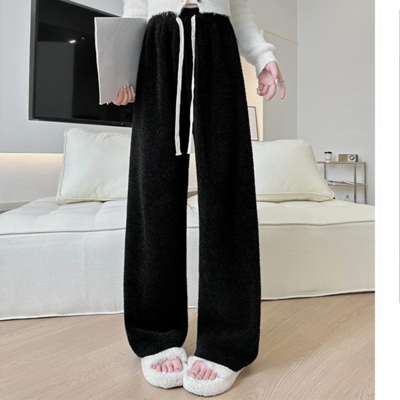 Mink Vel Wide-leg Pants for Women In Autumn and Winter New Knitted High-waisted Draped Glutinous Rice Pants Straight-legged Slim and Lazy Plush Pants