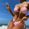 2Pcs/Set Women Sexy Bikini Set Halter 3D Flower Decor Bra High Waist Lace-up Briefs Set Solid Color Pleated Beachwear Swimsuit