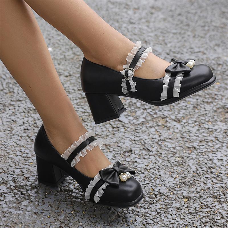 Dámské Lolita Mary Janes Lodičky s kulatou špičkou Silný střední podpatek Spona Kawaii Mašlička Volánky Dámské Cosplay Boty Jaro Podzim 43