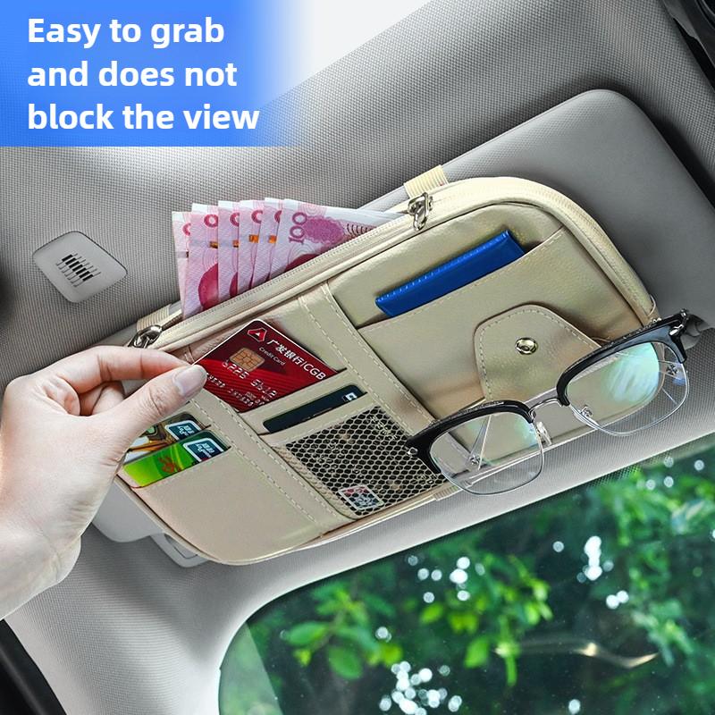 Leather Large Capacity Car Sun Visor Organizer Clip Sunshade Storage Bag Pouch Bill Pen Card Glasses Sunglasses Holder Mount