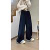 American plaid splicing jeans women's autumn new high-waisted loose and thin straight wide-leg trousers