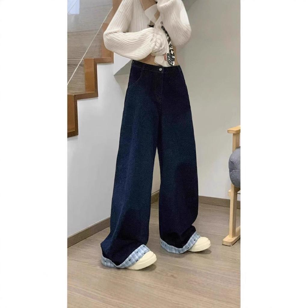 American plaid splicing jeans women's autumn new high-waisted loose and thin straight wide-leg trousers