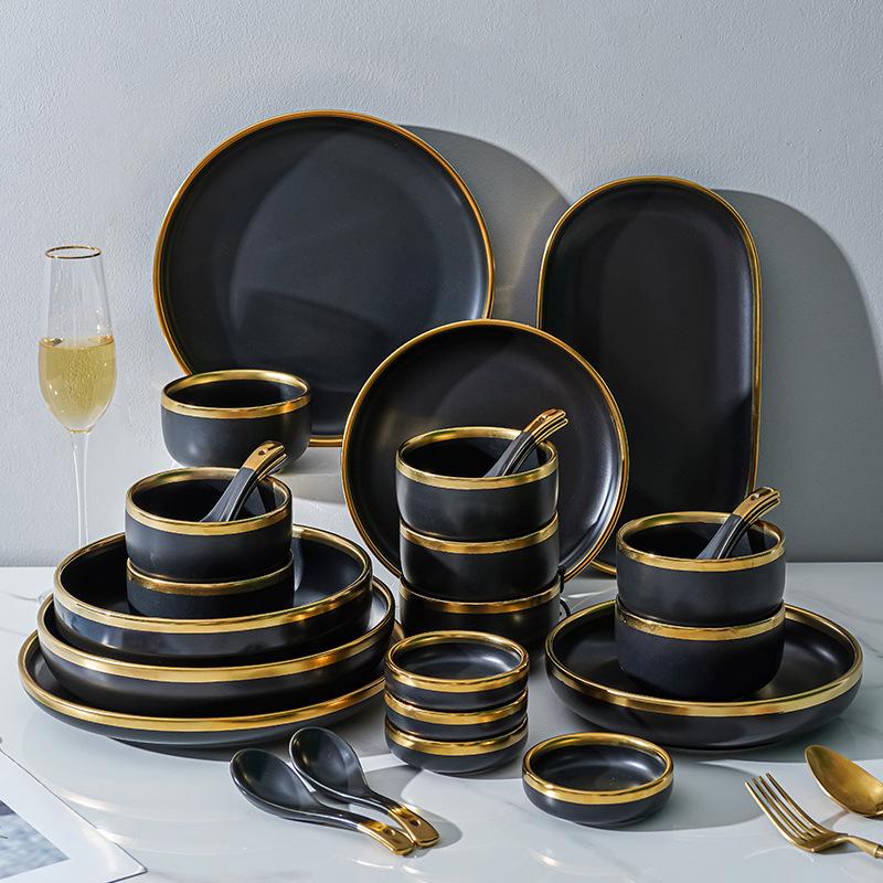 Nordisches Luxus-Geschirrset mit Goldrand: Matte Keramikschalen & Teller, Haushaltsgeschenk im europäischen Stil.