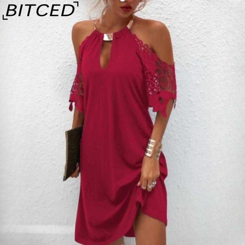 

BITCED Summer Women s Lace-Up Metal Halter Neck Sexy Off-Shoulder Dress XXXXXL червоний