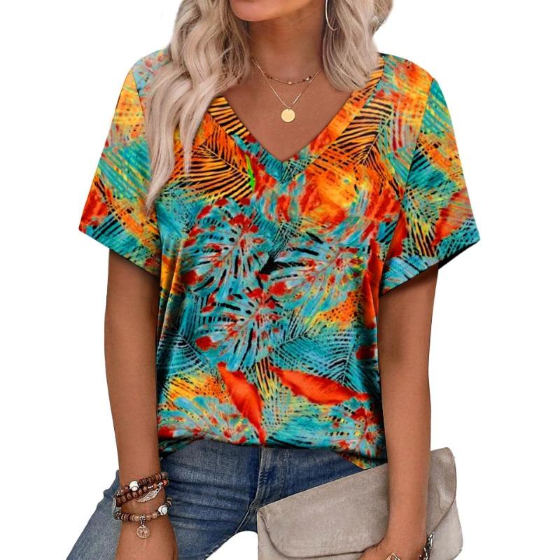 New Casual High-quality Retro Style 3D Women's Short Sleeved V-neck T-shirt