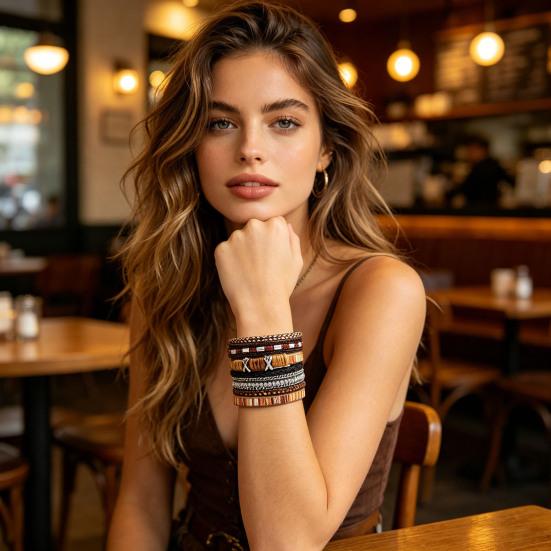 Geflochtenes Armband Mehrschichtig Bohemian Kunstlederseil mit quadratischen Steinen Perlen Boho Handgelenkzubehör