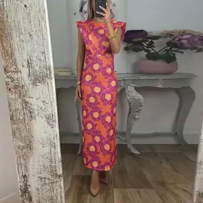 Kadın 2025 ilkbahar/yaz yeni mizaç bel baskılı uzun elbise