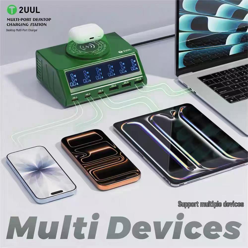2UUL Multi-Port Desktop Charger | Fast Charging for Apple iP17, Android | PD3.0 & QC3.0 Supported | Wireless Charging