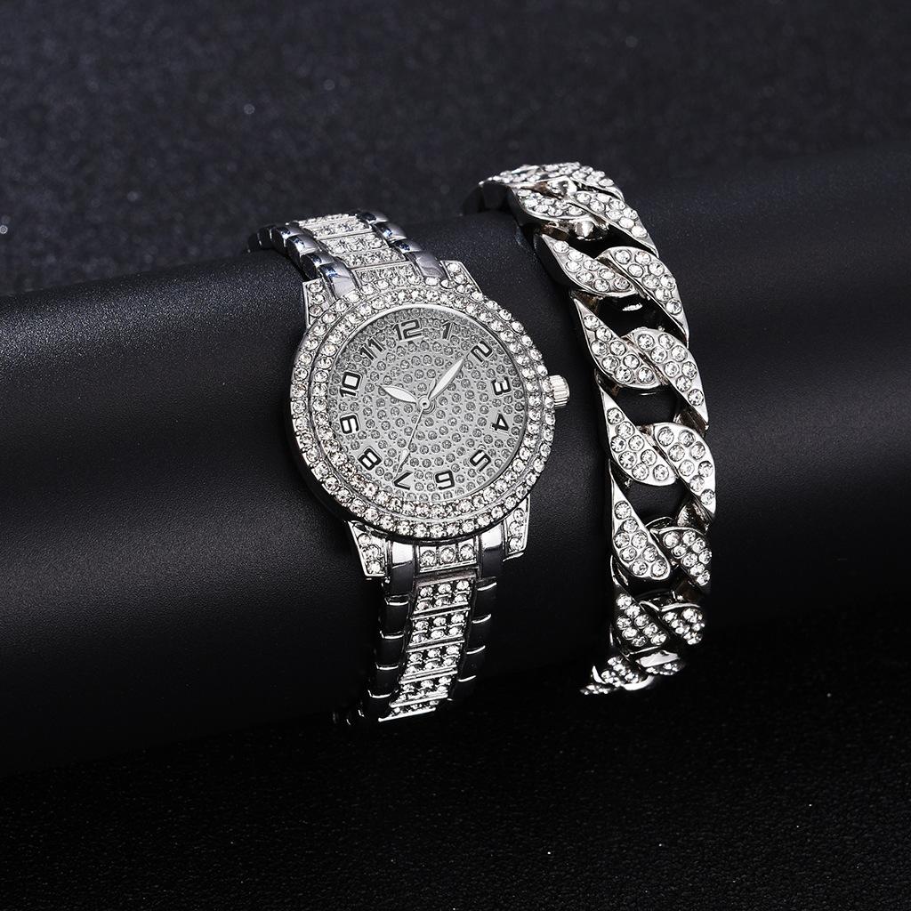 Full Diamond Roman Literary Steel Belt Watch Female Gypsy Temperament Business Quartz Watch Hip Hop Wind Full Diamond Bracelet Set