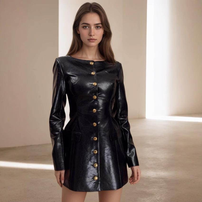 European and American elegant and fashionable style round neck long sleeve metal button waist version PU leather dress leather jacket S