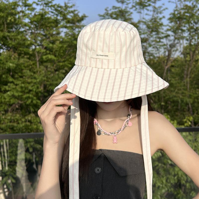 Spring and Summer Korean Blue Striped Strap Fisherman Hat Women's New Outdoor Sun Hat Big Brim Sun Protection Hat