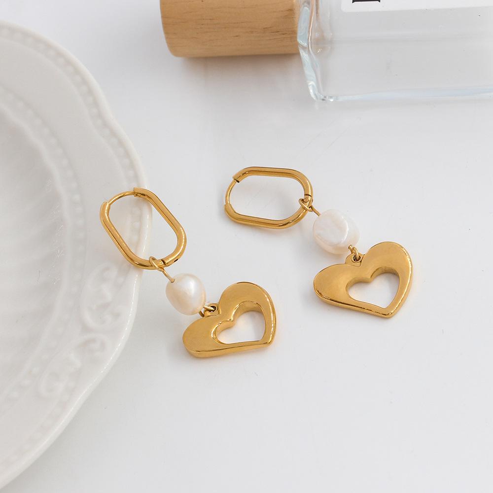 Korean Heart-Shaped Freshwater Pearl Stainless Steel Earrings