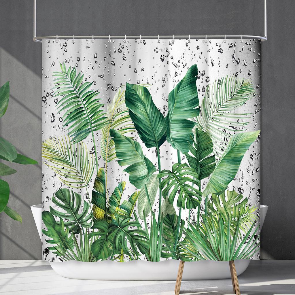 Bathroom Curtain Waterproof Shower Curtain Digital Printing Water Droplets Plant Diffuse Non-Punching Toilet Partition Curtain Shower Cloth