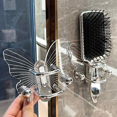 Soporte de pared 2 en 1 para accesorios para el cabello y toallas, Ganchos de almacenamiento para baño para coleteros y toallas, Soporte para peine de mariposa con ondas de agua (Diamante Plateado)
