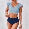 Women's Pleated Slim Fit V-Neck Color Block Ruffled Two-Piece Swimsuit