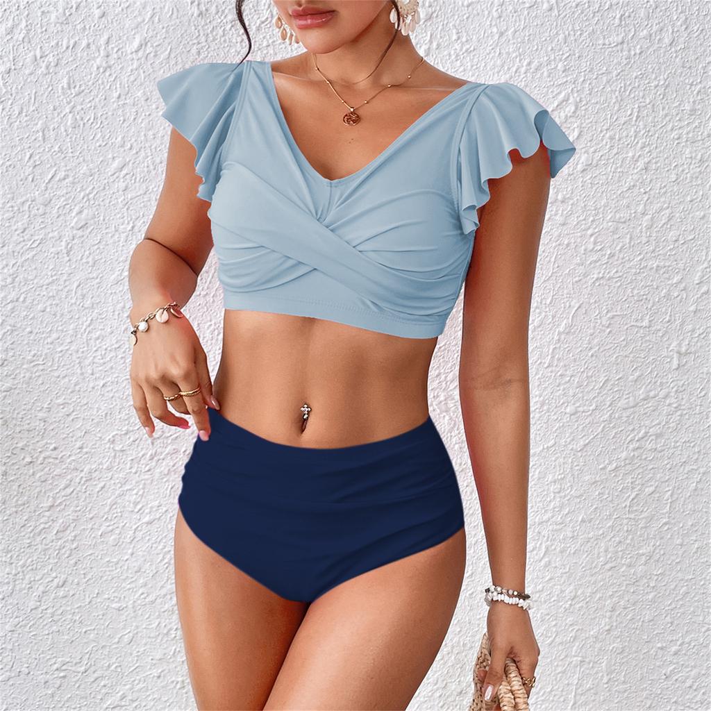 Women's Pleated Slim Fit V-Neck Color Block Ruffled Two-Piece Swimsuit