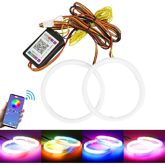 Qasim Angel Eyes Halo Rings Cotton Lights 12V 70MM RGB LED Universal for Car Scooter Motorcycle DRL Fog Light Turn Signal Light APP Bluetooth Control