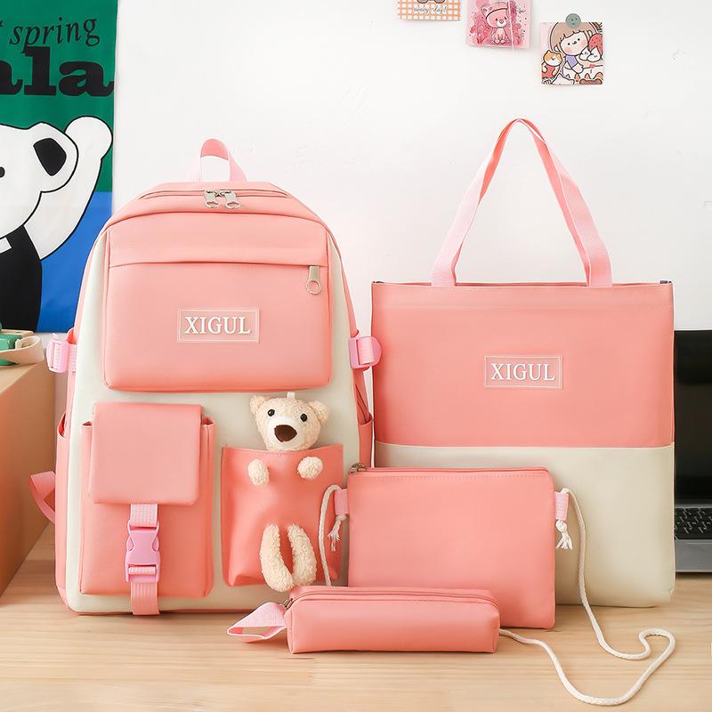 

School bag Middle school student backpack Female high school student four-piece backpack рожевий
