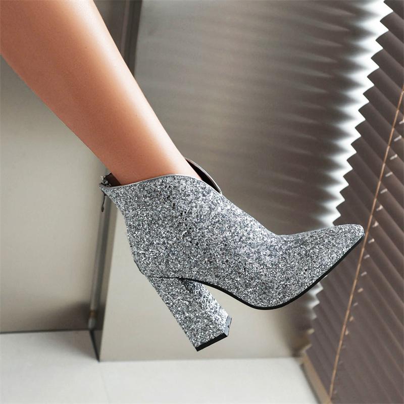 Fashion Sexy Ankle Boots Women Shoes New 2024 Luxury Sequined Gold Silver Heeled Short Boot Dance Party Wedding Shoes Lady Large Size 44